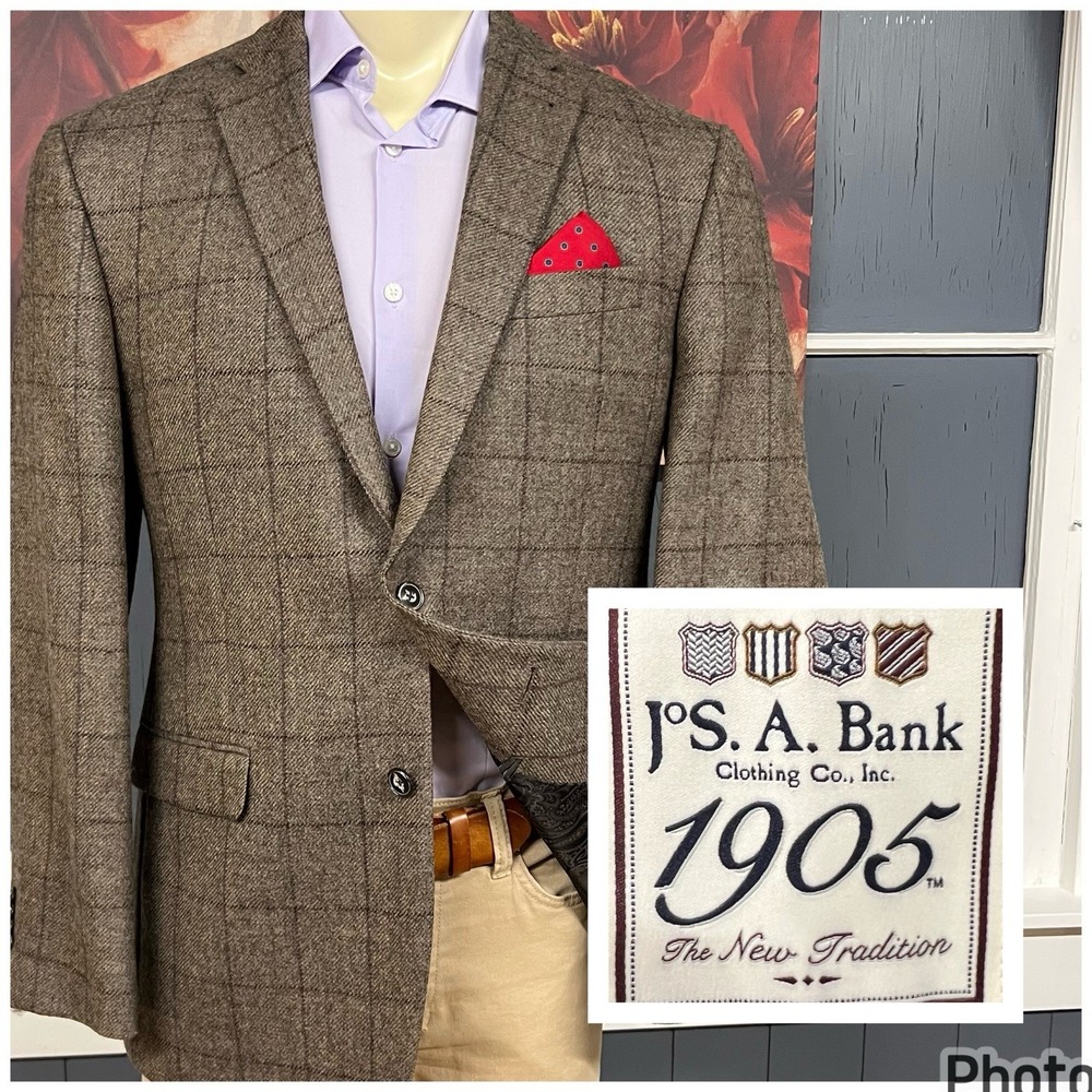 Jos A Bank Soft Tweed Blazer Sport Coat Mens 41R Tailored Fit Wool Tan/Gray